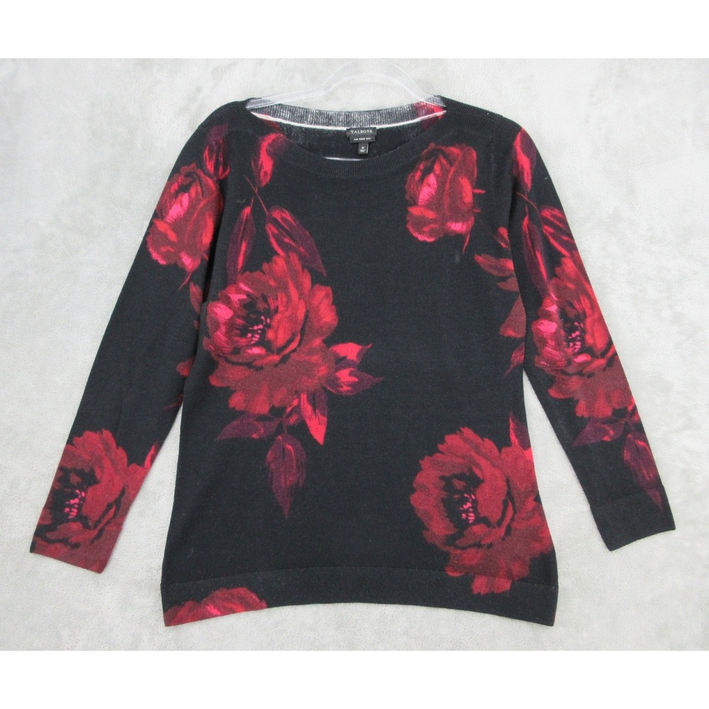 Talbots Sweater Womens Size M Floral Merino Wool Quiet Luxury Cozy Pullover Red